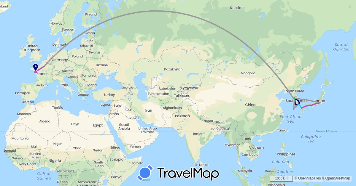 TravelMap itinerary: driving, bus, plane, train, boat in France, Japan, South Korea (Asia, Europe)